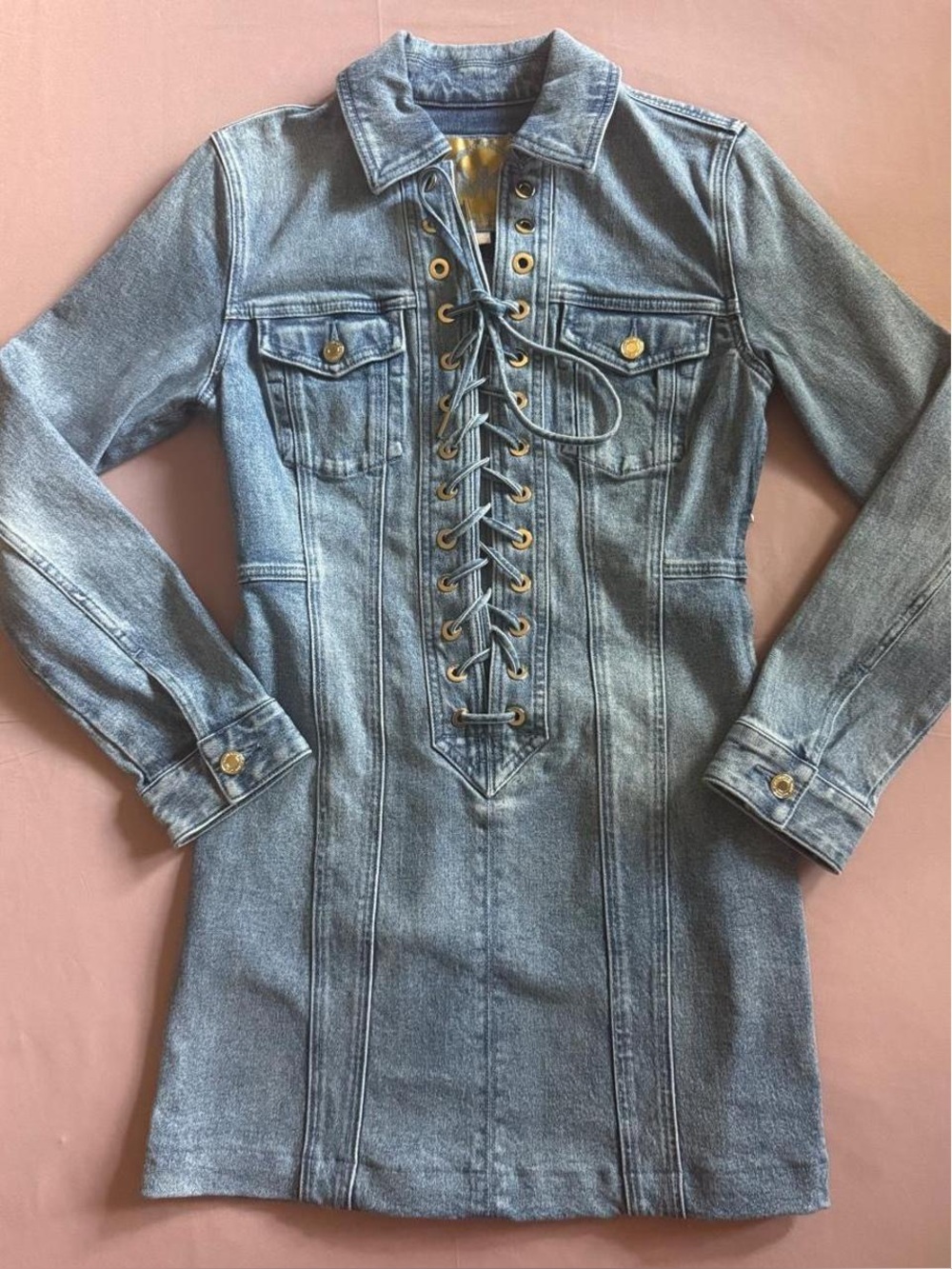 Michael Kors Blue Denim Lace-Up Dress